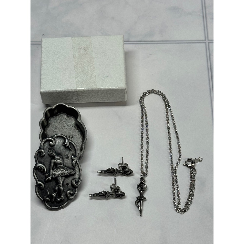 Torino Pewter Ballerina Jewelry Set Necklace Earring Trinket Box Kids New in Box - Picture 2 of 6